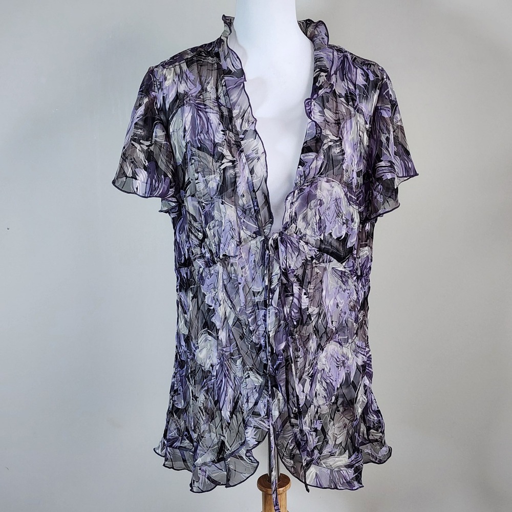 Chaps Floral Ruffle Tie Front Blouse Womens 16 Purple Sheer Romantic Feminine